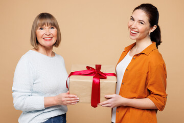 Sideways elder parent mom 50s years old with young daughter two women together wear casual clothes...