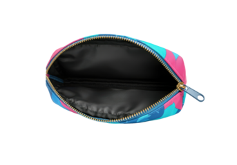 A floating open zipper pouch, horizontally aligned, on a solid white background