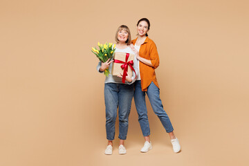 Full body elder fun happy parent mom 50s years old with young adult daughter two women wear casual...