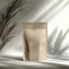 Minimalist Paper Pouch Packaging Mockup with Soft Shadows and Palm Leaf Accent