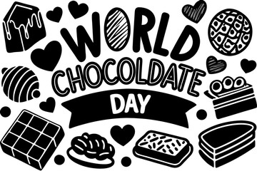 Line art illustration celebrating World Chocolate Day, featuring minimalist and elegant drawings of chocolate bars, cocoa beans, sweets, and dessert elements. Perfect for festive graphics, food packag