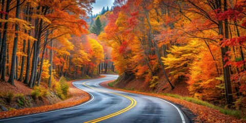 Naklejka premium Autumnal Road Winding Through a Vibrant Forest Canopy