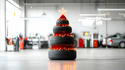 Fototapeta premium Recycled Tire Christmas Tree In Garage