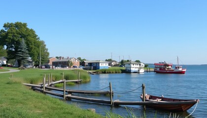 Summer Day at a Lakeside Village with Boats and Docks