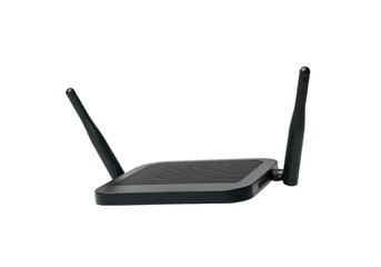 Fototapeta premium A floating WiFi router with antennas, horizontally aligned, on a solid white background