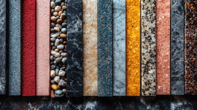 Colorful stone samples, texture, design, material options