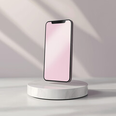 Floating Smartphone Mockup with Soft Pink Background and Marble Stand
