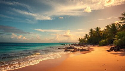 Tropical Beach Sunset with Palm Trees and Golden Sand