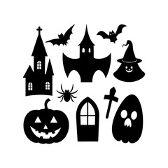 Happy Halloween icons set black silhouette style.
