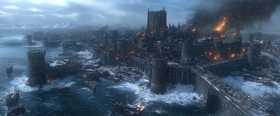 Ruined coastal city besieged by fire and ice