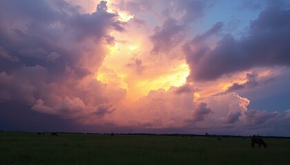 Vibrant Sunset Over Cattle Grazing in a Green Field