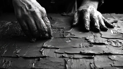 Hands sculpt clay, textured surface, dark studio, art creation
