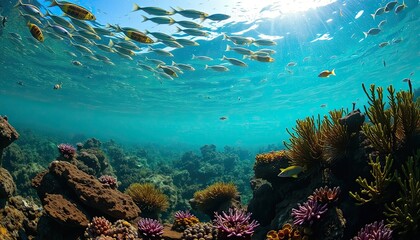 Fototapeta premium Vibrant Underwater Coral Reef Scene with School of Tropical Fish