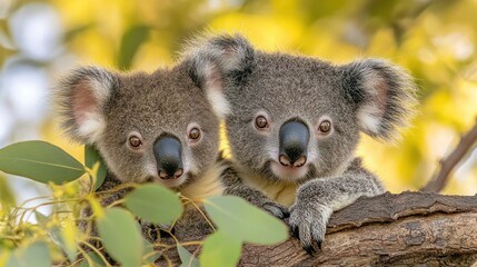 Fototapeta premium Two adorable koala joeys on a tree branch