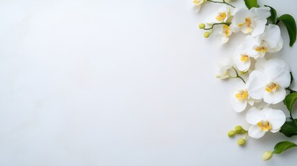 Fototapeta premium Delicate white orchids arranged in a row on a pristine white background, showcasing elegance and simplicity, and perfect for floral design inspiration.