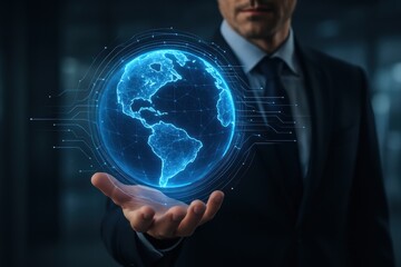 A businessman holds a hologram globe, symbolizing technology and global connectivity in a modern setting.