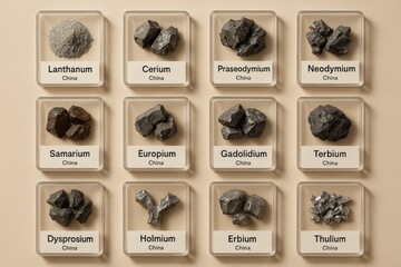 A display of various rare earth elements in labeled containers, showcasing their distinct forms and origins, primarily from China.