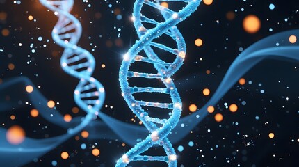 A futuristic 3D representation of a glowing DNA helix, with each strand composed of flowing binary code