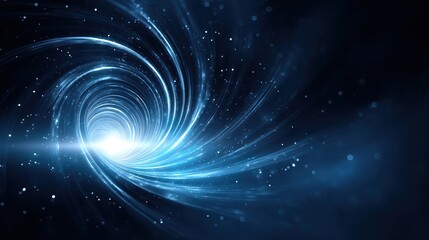 Fototapeta premium A swirling blue vortex emits light and particles, creating an ethereal, cosmic effect against a dark backdrop.