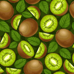 Kiwi. Seamless kiwi pattern on black background. Cut kiwi with green leaves. Design is great for wallpaper, fabric, labels, packaging.