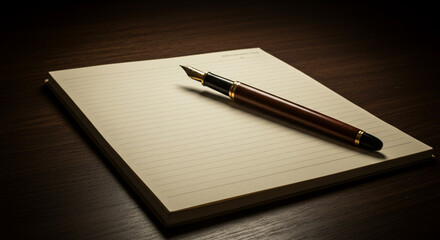 Naklejka premium Elegant fountain pen resting on blank notepad in dim light 