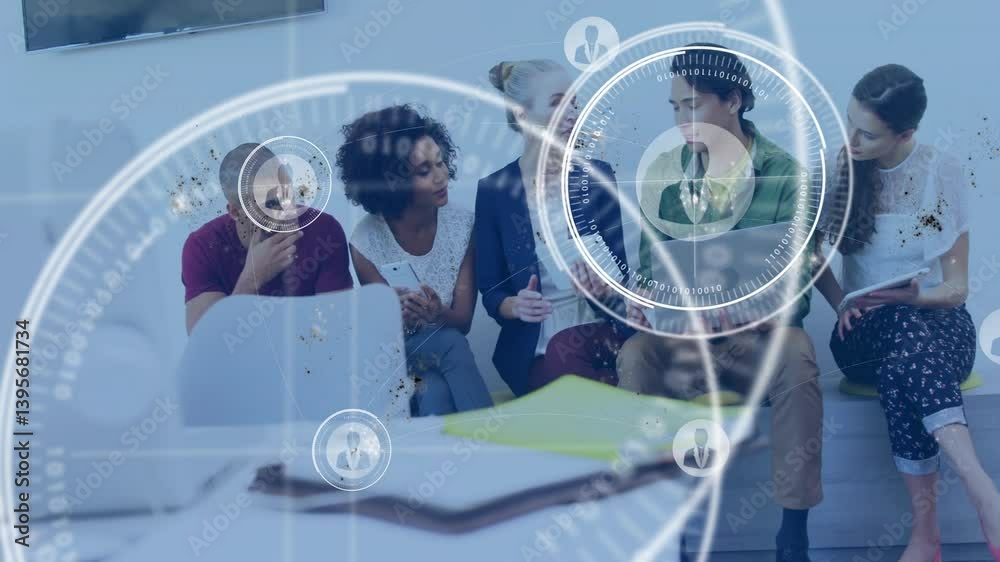 Poster diverse group collaborating on project with digital network overlay animation