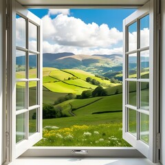 A picturesque countryside view through an open window, with green fields and mountains in the background. © MD ABDUL MATIN