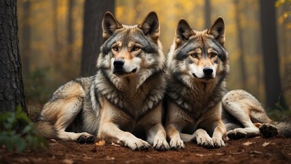 an image of two wolves sitting on the ground next to each other in the woods