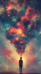 Silhouette of a person looking up at colorful cloud formation in the sky.