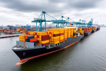 Fototapeta premium Global Cargo Shipping and Transportation - Large container ships at a busy port, showcasing international trade and logistics. Efficient cargo handling and global connectivity