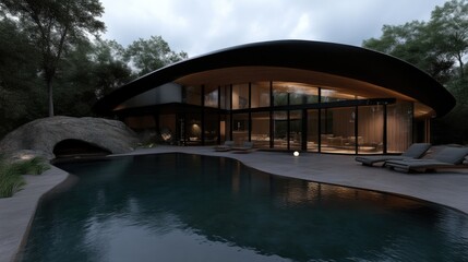 Modern house nestled in a forest with a pool