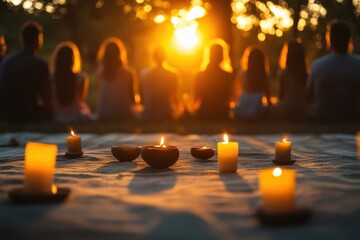 Gathering of people around candles while watching a sunset in nature setting