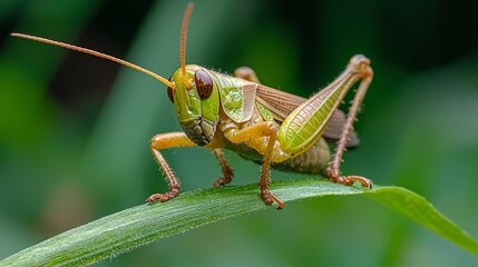 Fototapeta premium Close up of a vibrant grasshopper perched on a green blade of grass.