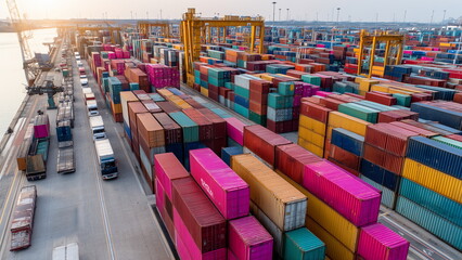 Stacks of colorful shipping containers are neatly arranged at a busy port, ready for global transport. Towering cranes and cargo trucks move efficiently in the background