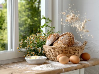 Freshly Baked Bread and Baking Ingredients on a Sunny Kitchen Counter