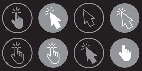 Computer mouse click cursor. Load symbol. Pointer cursor and loading icon. Cursors icons click set. Clicking cursor, pointing hand clicks icons.
