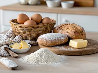 Fototapeten Freshly Baked Breads, Eggs, and Butter Prepared for Baking on Table © rfassets