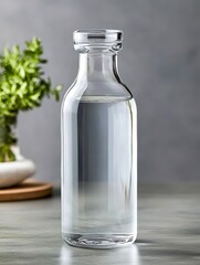 Obraz premium A sleek glass bottle filled with clear water sits elegantly on a neutral surface, with greenery softly blurred in the background, perfect for wellness, kitchen, or minimalist lifestyle themes,
