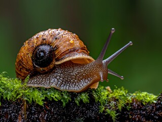 Macro Photo of a Snail Crawling on Moss with Wet Shell and Antennae