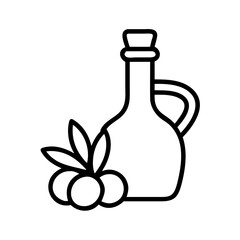 Olive oil bottle with olives and leaves vector icon for healthy food concept