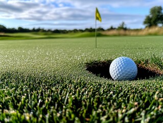 Obraz premium Golf ball poised near hole on manicured putting green with flag in background