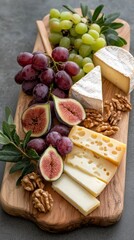 Gourmet Cheese Board with Figs, Grapes, and Walnuts, Rustic Presentation