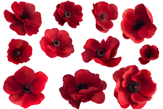 Set of red flowers top view on a Transparent background PNG