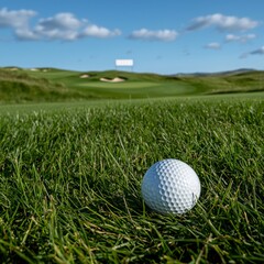 Obraz premium Golf ball rests in the lush green grass on the golf course on a sunny day.