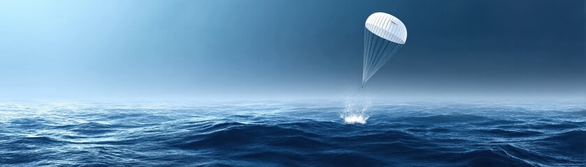 Fototapeta premium A parachute descends toward the ocean, creating ripples in the water below, under a vast blue sky, symbolizing adventure and exploration.