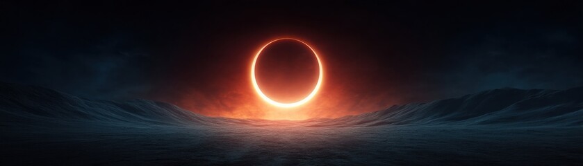 Obraz premium A stunning solar eclipse casts a glowing ring over dark, textured waves, creating a dramatic celestial landscape.