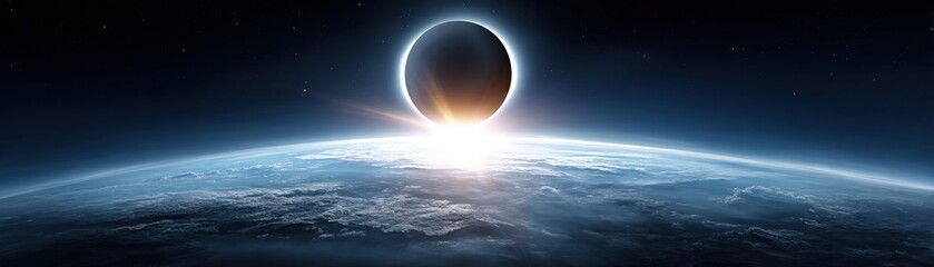 Obraz premium A stunning view of a solar eclipse over Earth, showcasing a darkened moon partially obscuring the sun, surrounded by a starry sky and illuminated atmosphere.