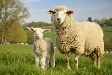 Obraz premium Sheep standing with moon and mosque Islamic background, Eid ul Adha Mubarak background