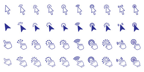 Mouse click cursor icon set. Hand finger and arrow cursor pointer symbol icons vector set. Assorted mouse click cursor pointer vector stock illustration. Varies different style graphic design.