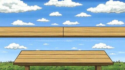 Wooden planks overlook a field, sky, and clouds
